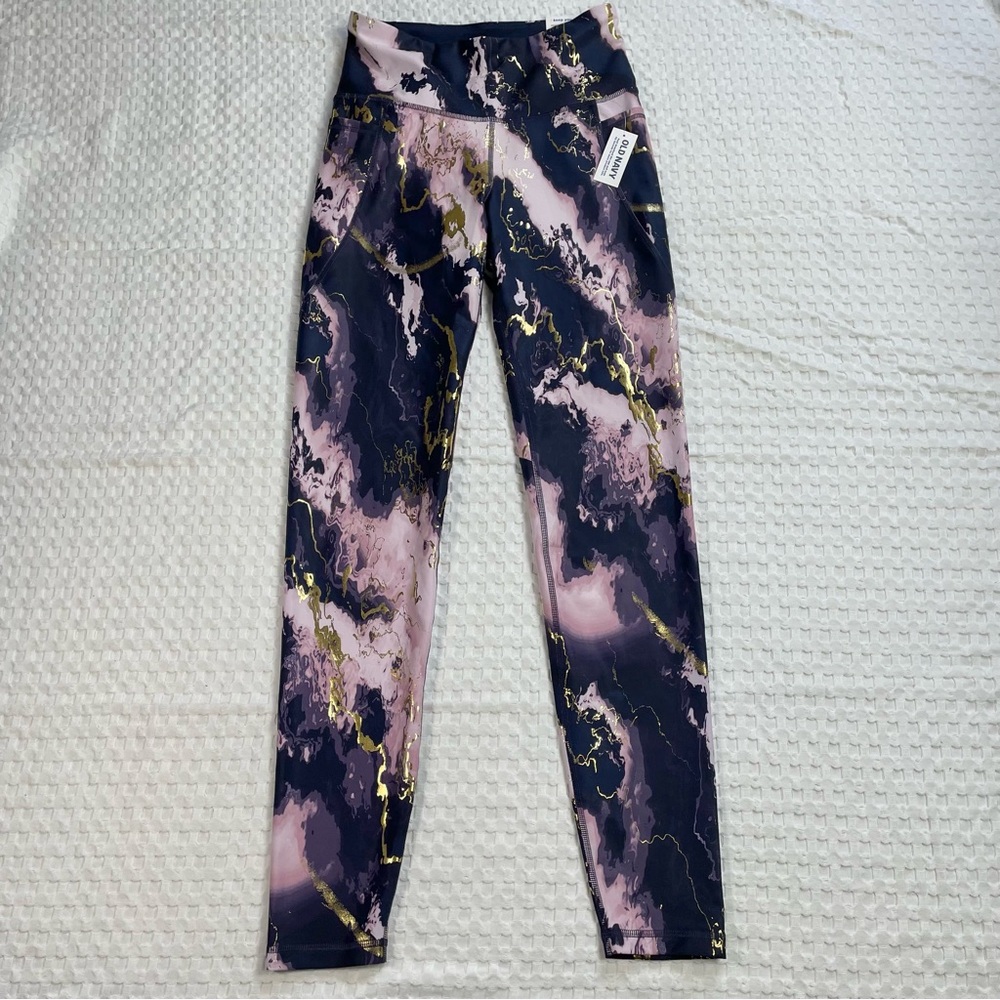 Old Navy‎ PowerSoft Leggings Medium Tall MT NWT Womens Metallic Swirl Purple